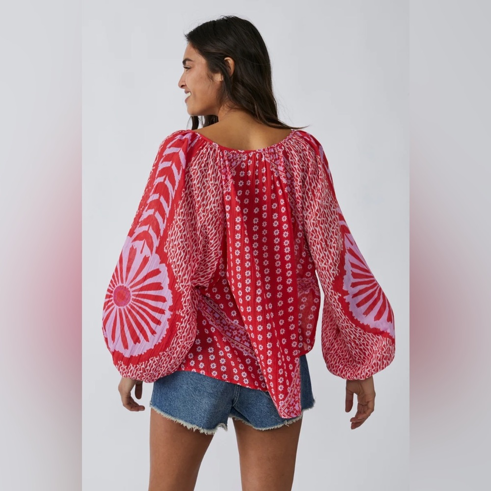 FREE PEOPLE Boho Floral Printed Flowy Blouse - Size XS - Red Combo - NWT - Picture 8 of 16